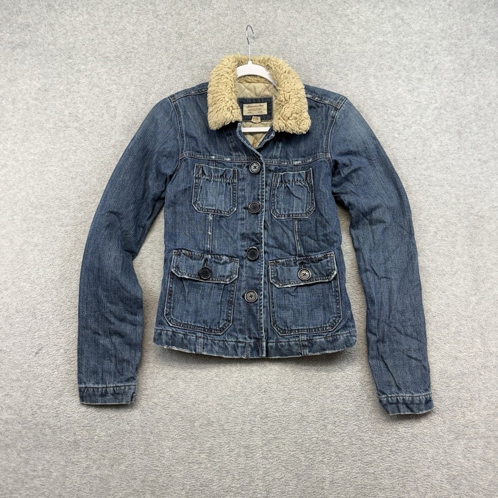 Abercrombie & Fitch Denim Jacket‎ Quilted Fur Collar Jean Snug y2k VTG Womens XS